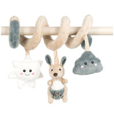 Plush spiral toy with kangaroo, star, and cloud dangling from a beige coil on a wooden bar.